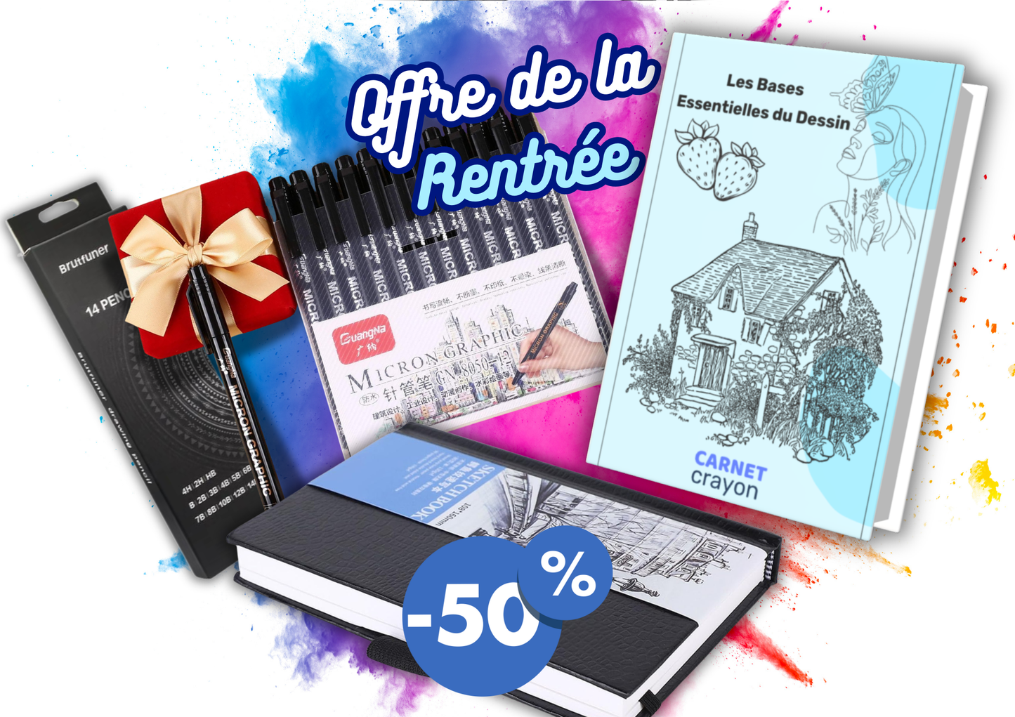 Set 12 Feutres Noirs, Ebook offert et -50% sur le carnet croquis et le set de crayons graphite !